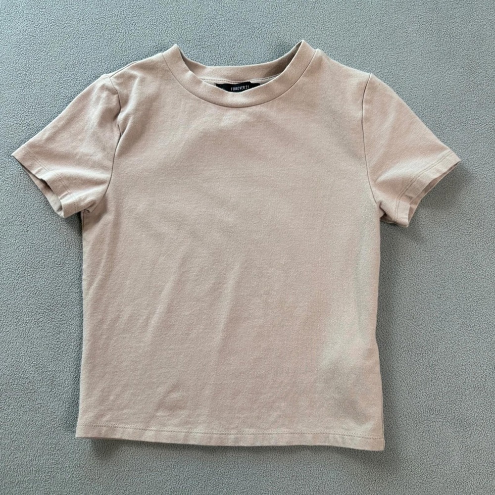 Forever 21 Women Taupe Tan Short Sleeve Crew Neck Stretch Cotton T-Shirt XS